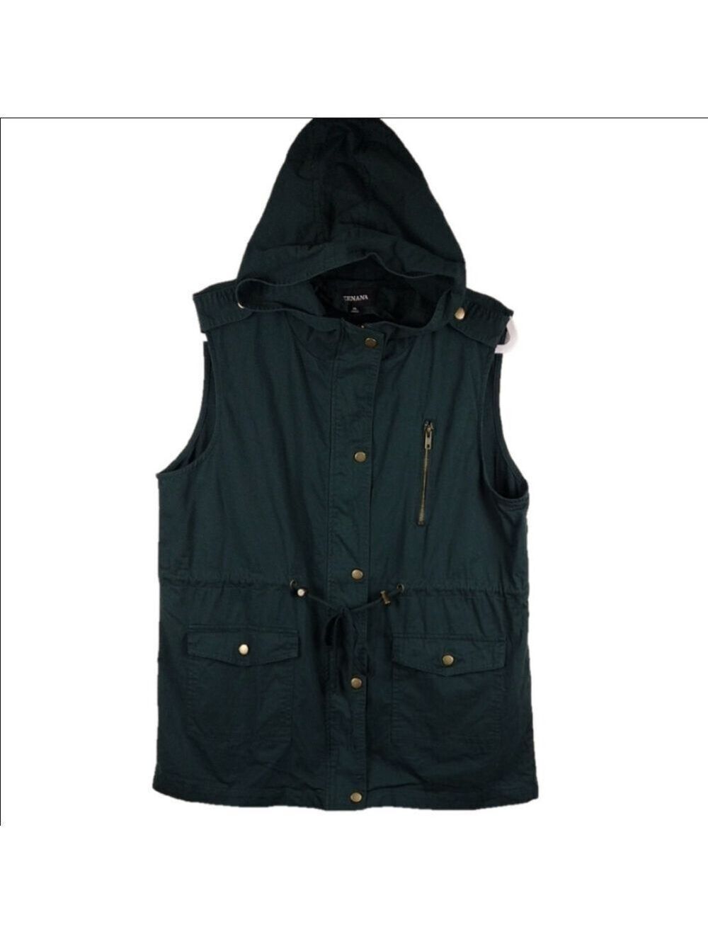 Zenana Dark Green Sleeveless Hooded Snap Zip Up Front Mid Length Vest Jacket